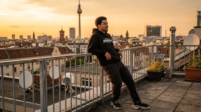 Influencer content shoot on Berlin rooftop at golden hour with Fernsehturm in background