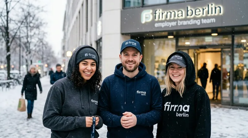 Berlin company team in winter with brand hoodies employer branding campaign