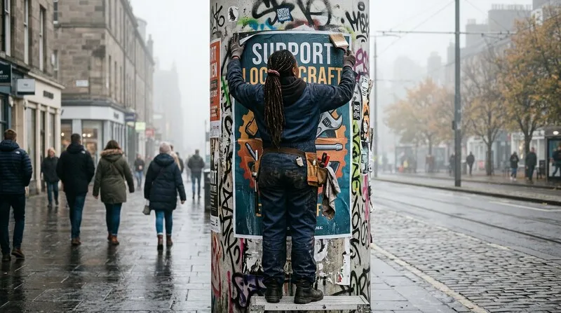 Guerrilla marketing poster support local craft on street in rain urban environment