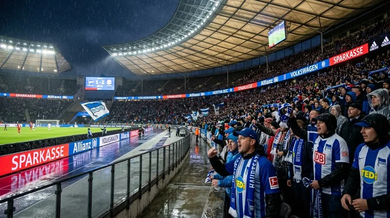 Stadium perimeter advertising boards with Sparkasse and Allianz branding at night in rain
