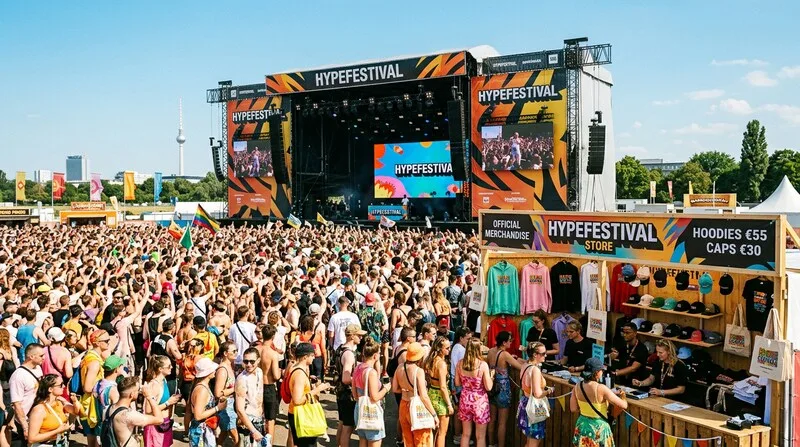 Hype festival crowd stage merchandise store Berlin summer event trade show marketing