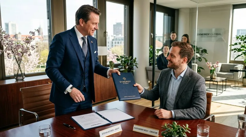 Influencer and agency contract signing with creative professional in office