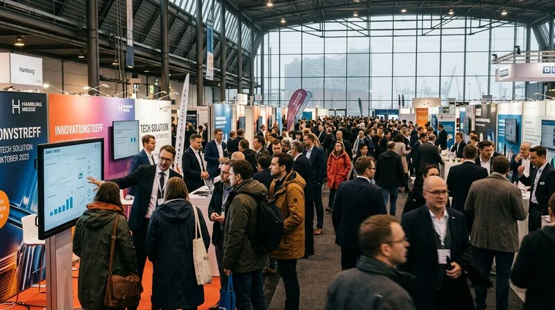 Trade show stand with exhibitors and visitors brand presentation in Hamburg