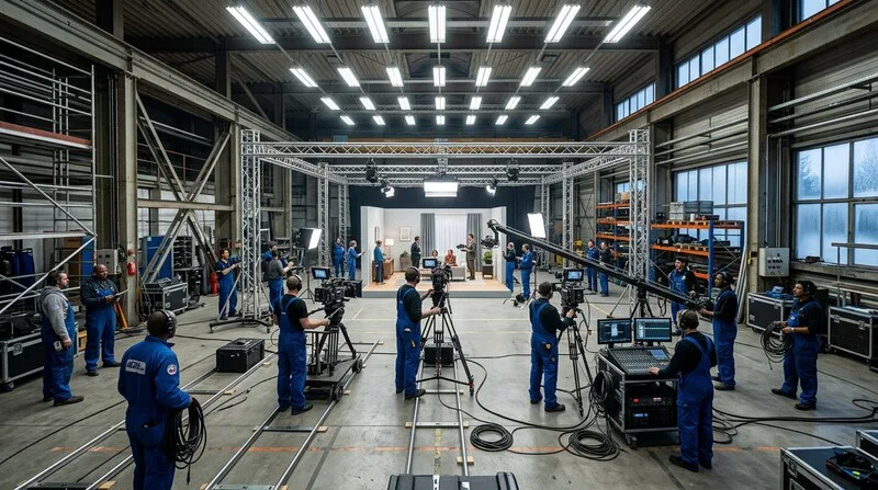 Tv Spot Produktion Grosse Halle Kamera Crew Blaue Overalls Set